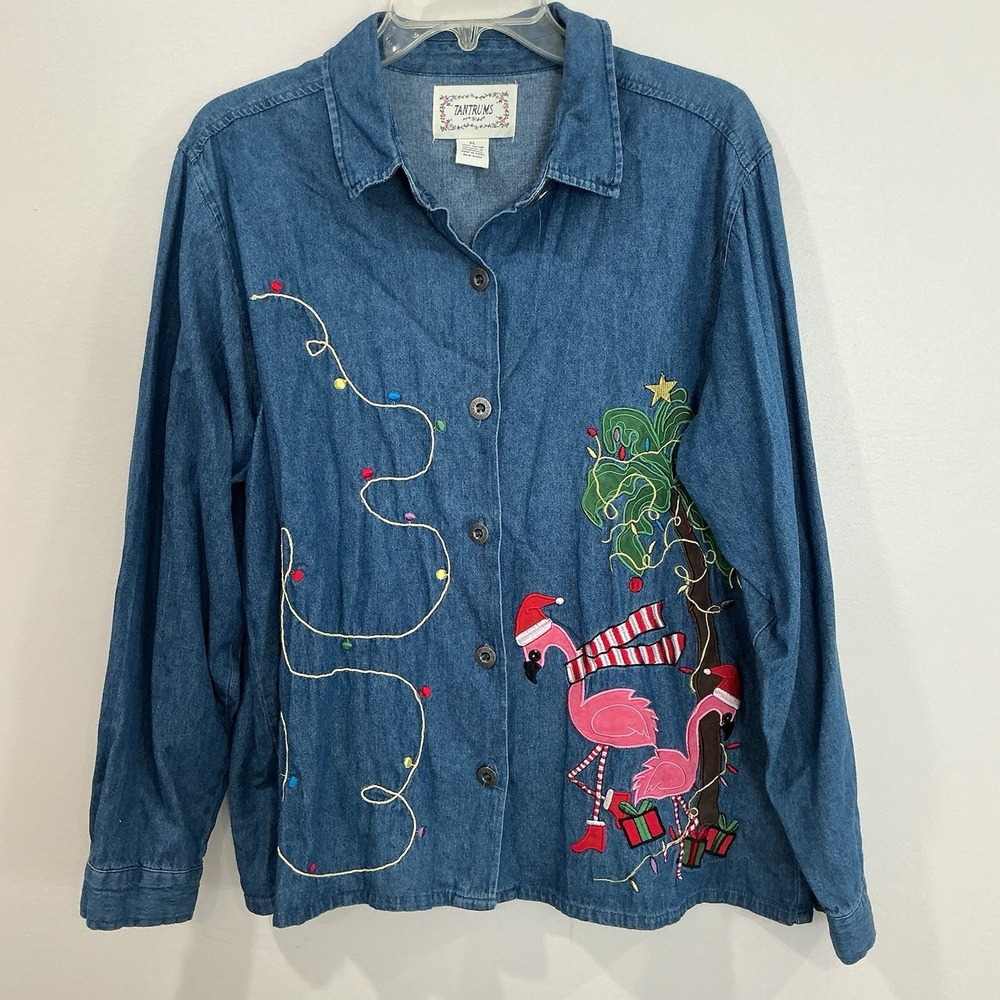 Tantrum Vintage Christmas Jean Shirt Xl Embroidered Christmas Holiday Wear Beach